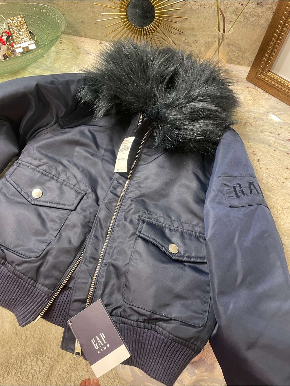GAP Navy Bomber Jacket with Faux Fur Trim